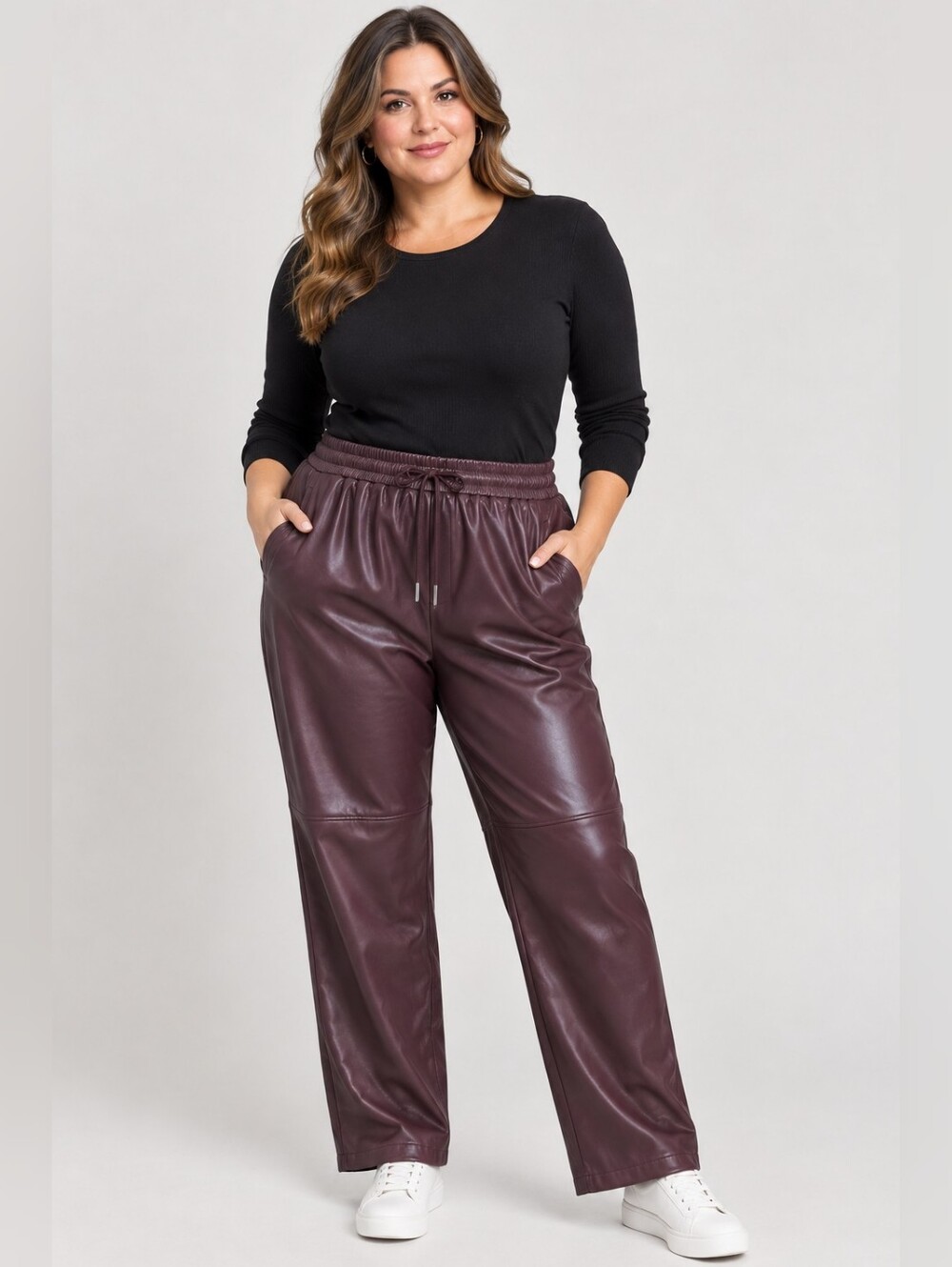 Laundry by Shelli Segal Women Bordeaux Faux Leather Drawstring Pants Pockets XL